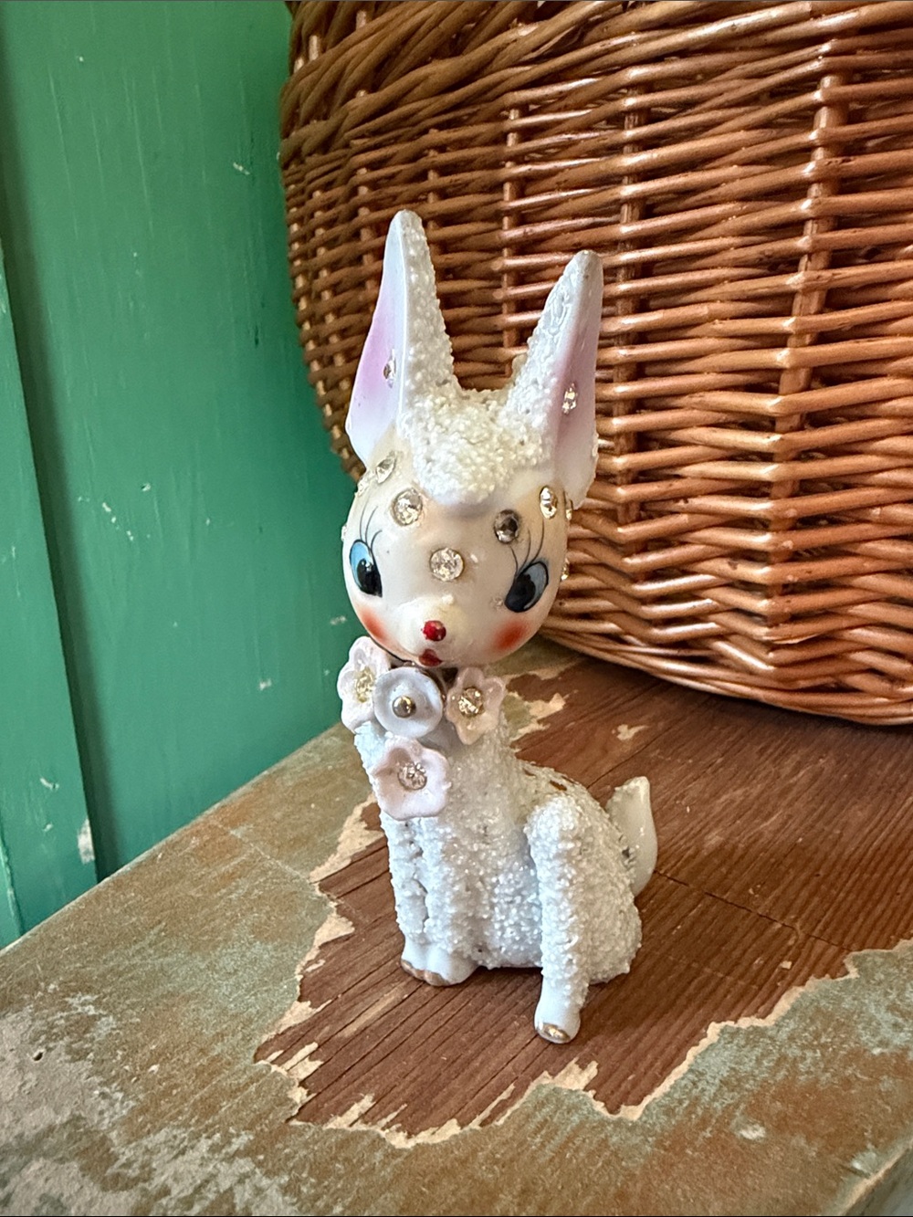 Vtg Anthropomoric White Christmas SNOW Reindeer W Gold Bell PINK CRYSTAL FLOWERS